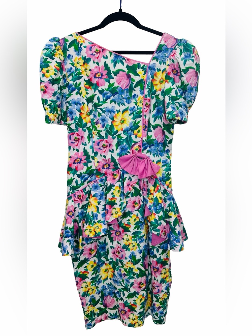 Go Vicki Vintage Floral Peplum Bow Dress Puff Sleeve Cottagecore 80s 90s